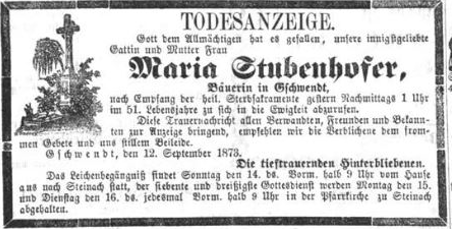 Todesanzeige Stubenhofer Maria