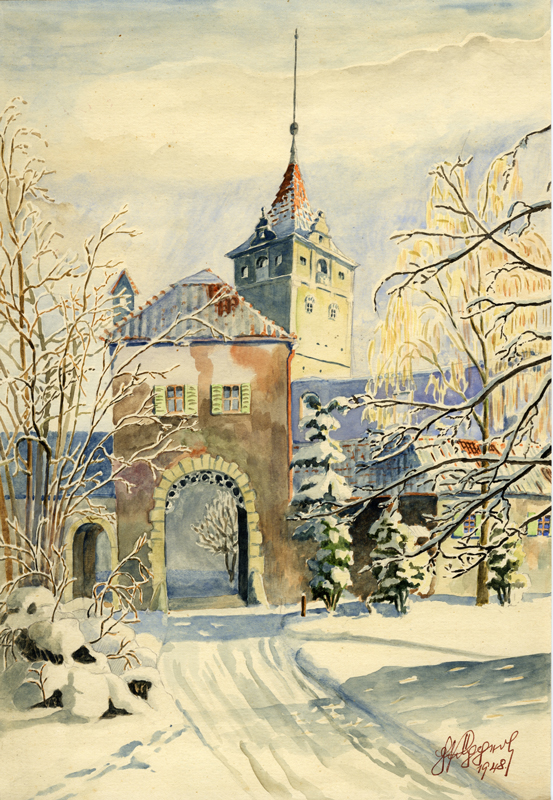 aquarell schlosstor turm 1948
